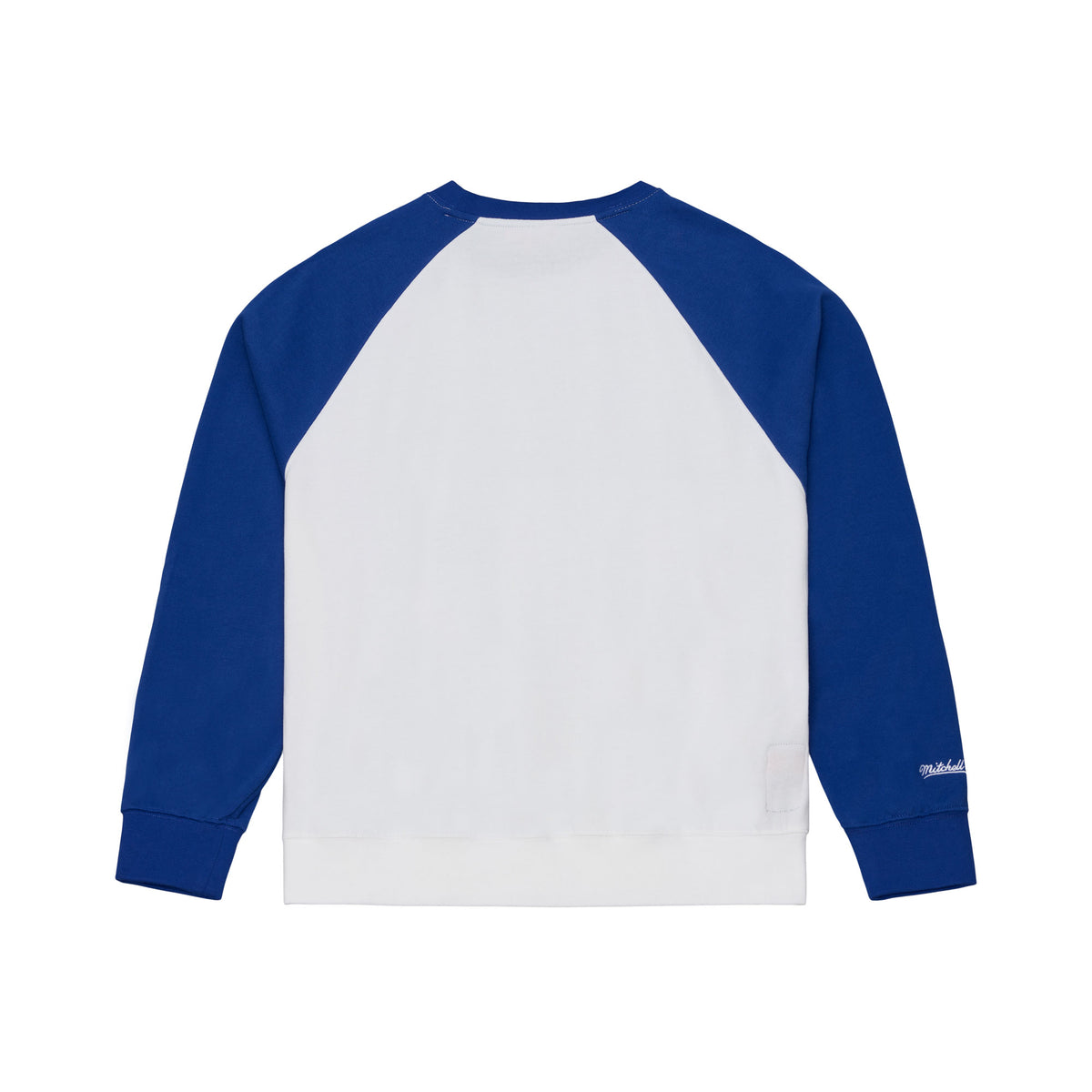 Back: White crew with blue sleeves, Mitchell & Ness wordmark on right sleeve