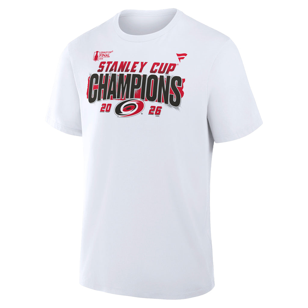 Front: STANLEY CUP CHAMPIONS" in red/black with Primary logo across chest, Fanatics logo at top left