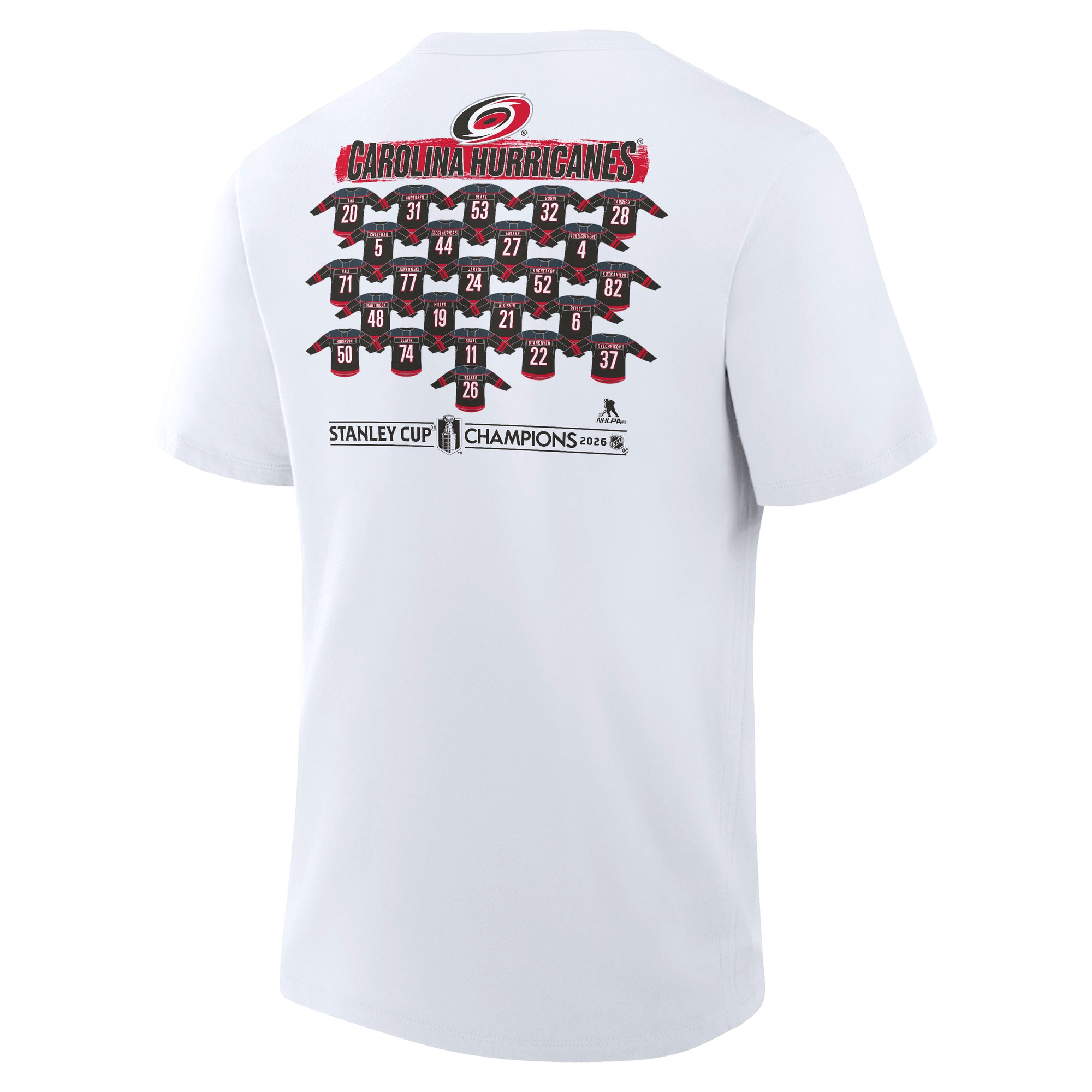 Back: Championship roster listed with mini jerseys, Primary logo above, Stanley Cup Champions NHL logo beneath