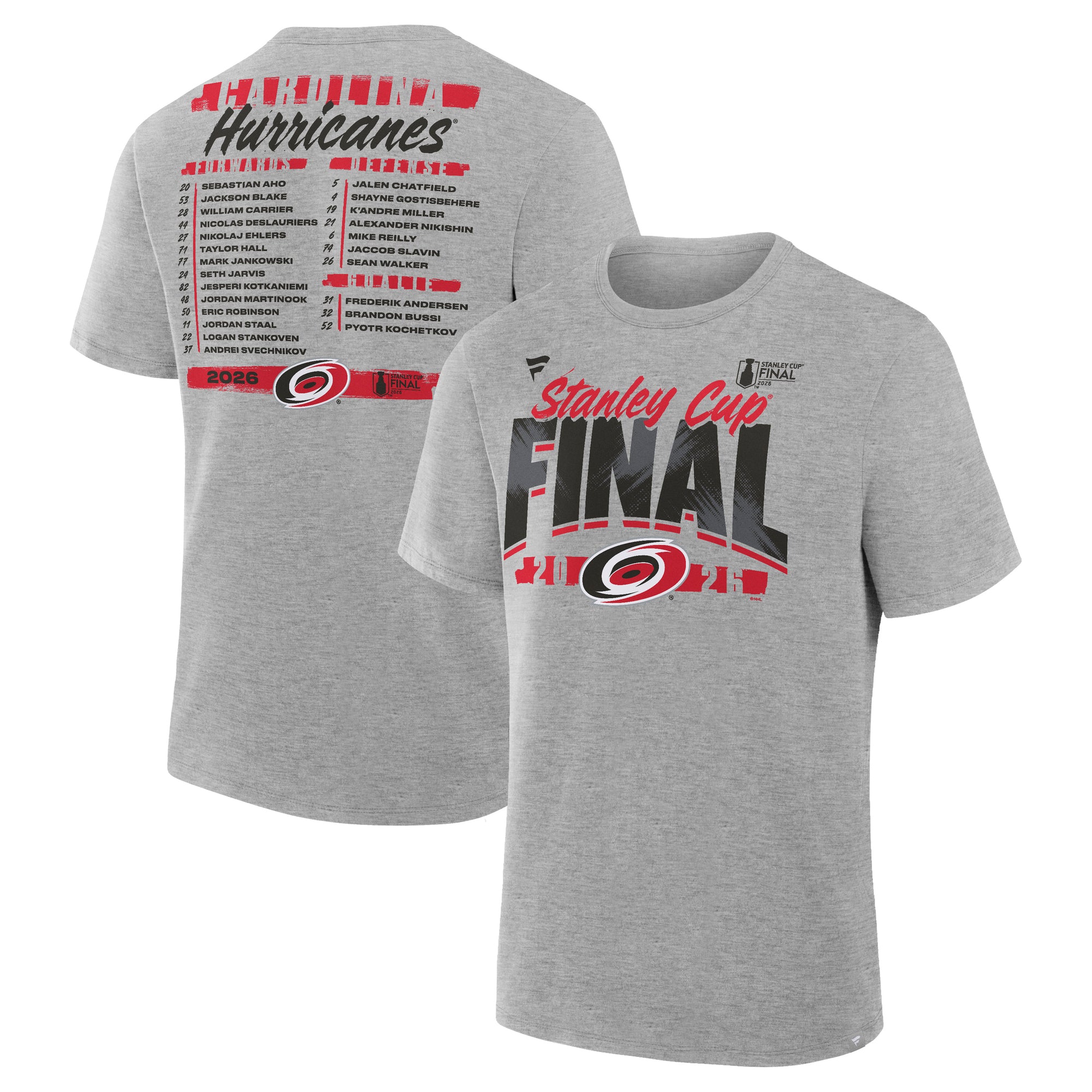 Front/Back: Gray tee, "STANLEY CUP FINAL 2026" on front, team roster on back
