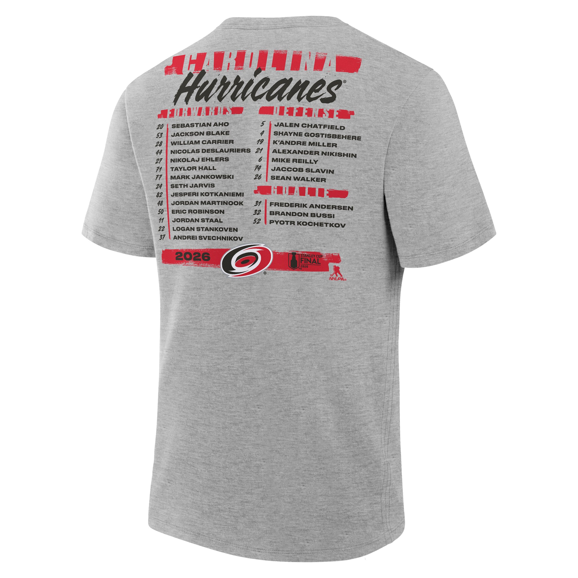 Back: "Carolina Hurricanes" at top; roster listed below, listed by Offense/Defense/Goalie
