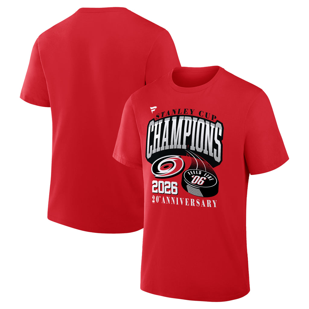 Front/Back: Red tee with 20th Anniversary of 1st Stanley Cup artwork, puck that says "Feels like '06"