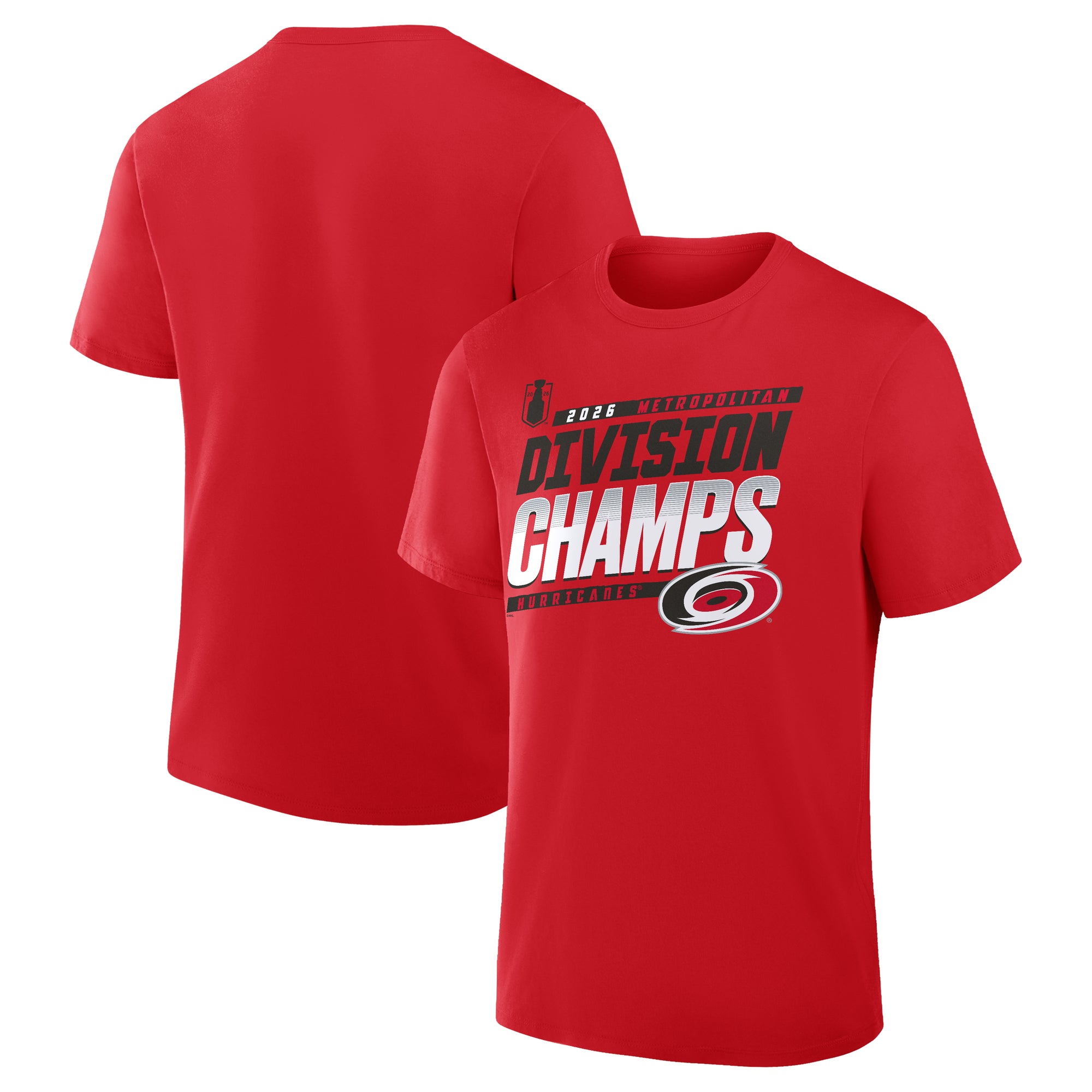 Front/Back: Red tee,  "2026 Metropolitan Division Champs Hurricanes" in red/black with Primary logo