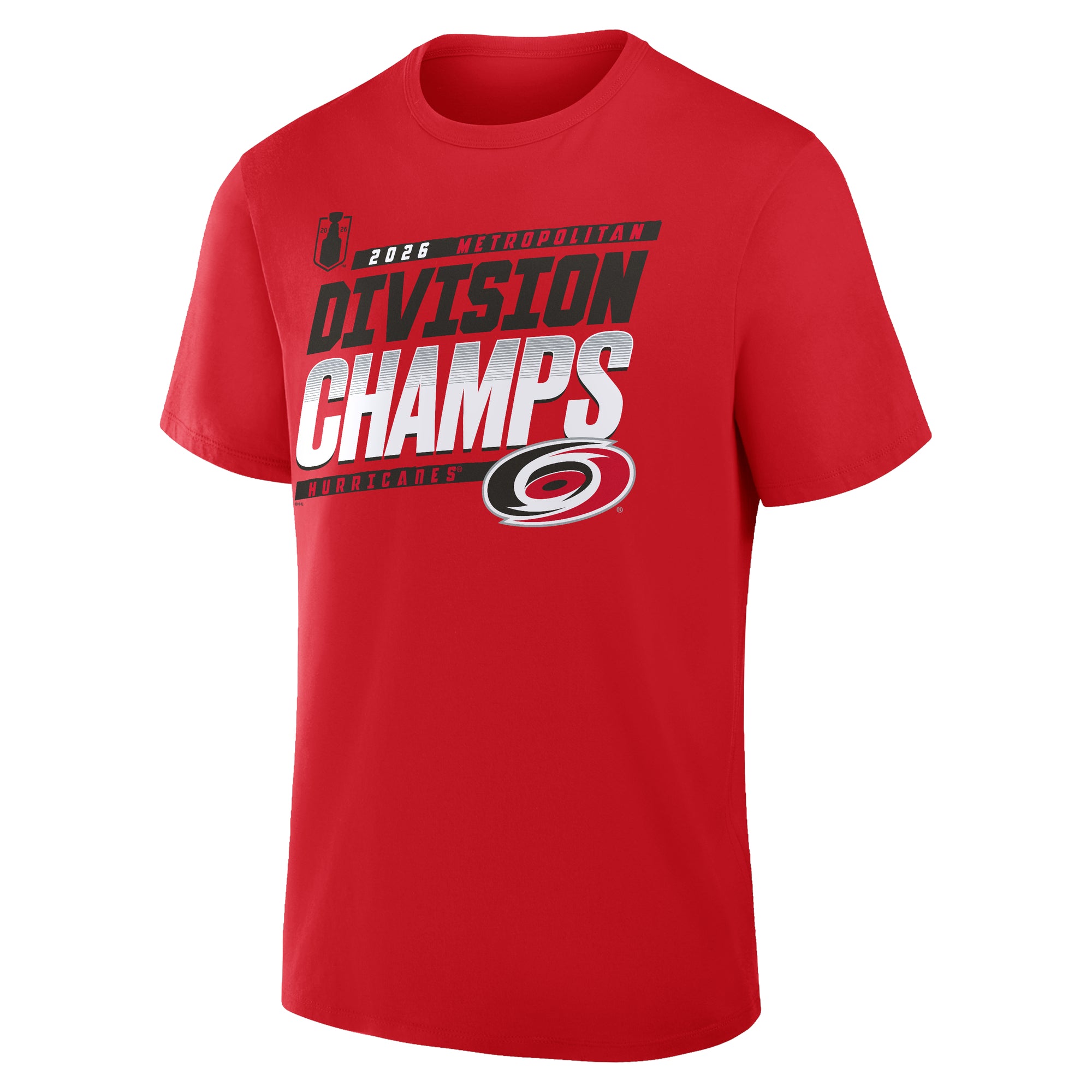 Front: "2026 Metropolitan Division Champs Hurricanes" in red/black with Primary logo, Stanley Cup Playoffs logo