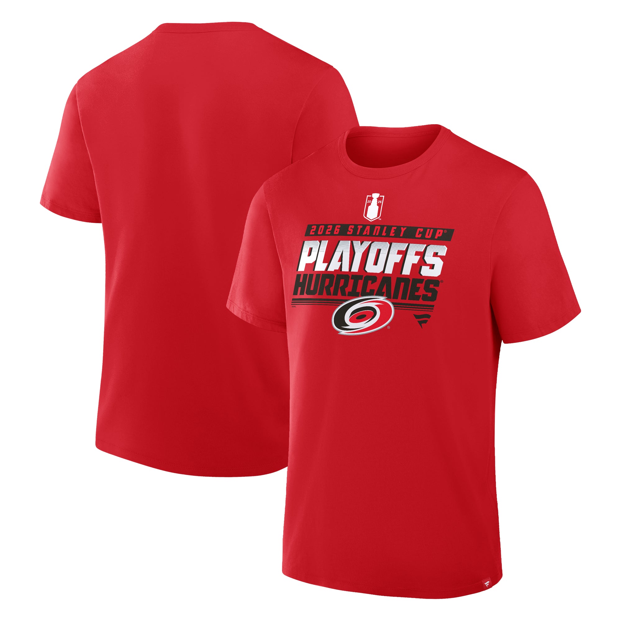 Front/Back: Red tee, "2026 Stanley Cup Playoffs Hurricanes" in red/black with Primary logo