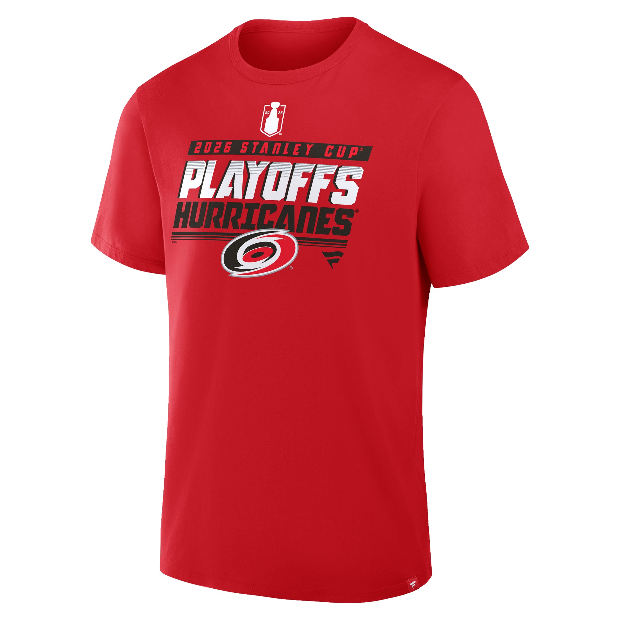Front: Red tee, "2026 Stanley Cup Playoffs Hurricanes" in red/black with Primary logo