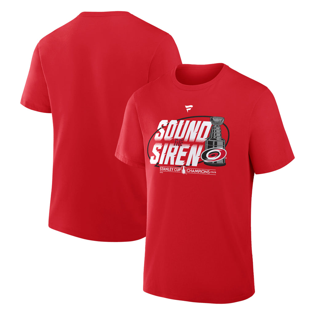 Front/Back: Red tee, white/black artwork on front that says "SOUND THE SIREN"