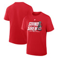Front/Back: Red tee, white/black artwork on front that says "SOUND THE SIREN"