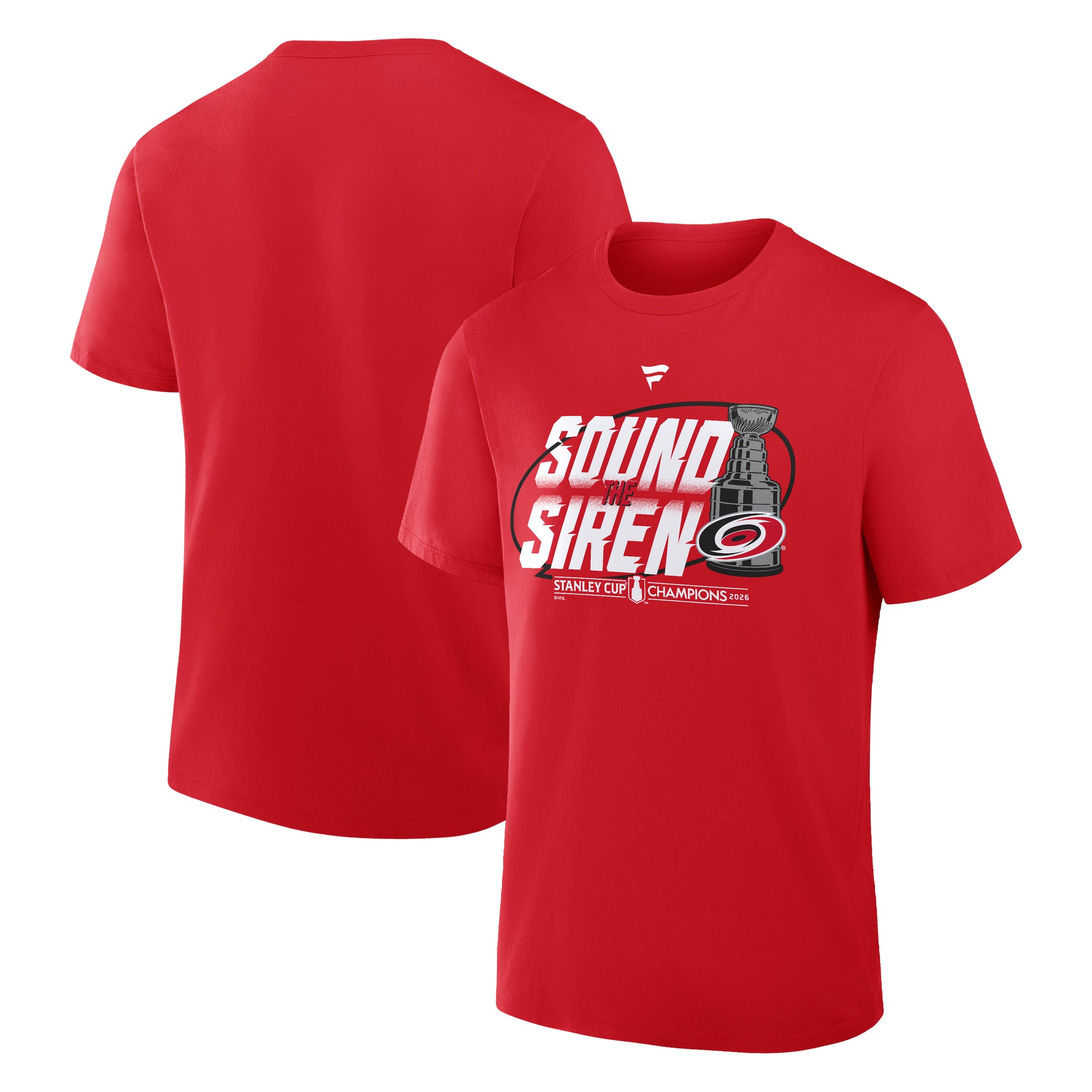 Front/Back: Red tee, white/black artwork on front that says "SOUND THE SIREN"