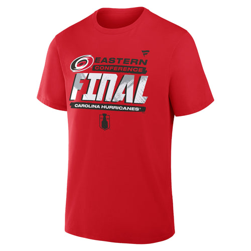 Front: Red tee, "EASTERN CONFERENCE" in black, "FINAL" in white/gray, Primary logo & Playoffs logo featured