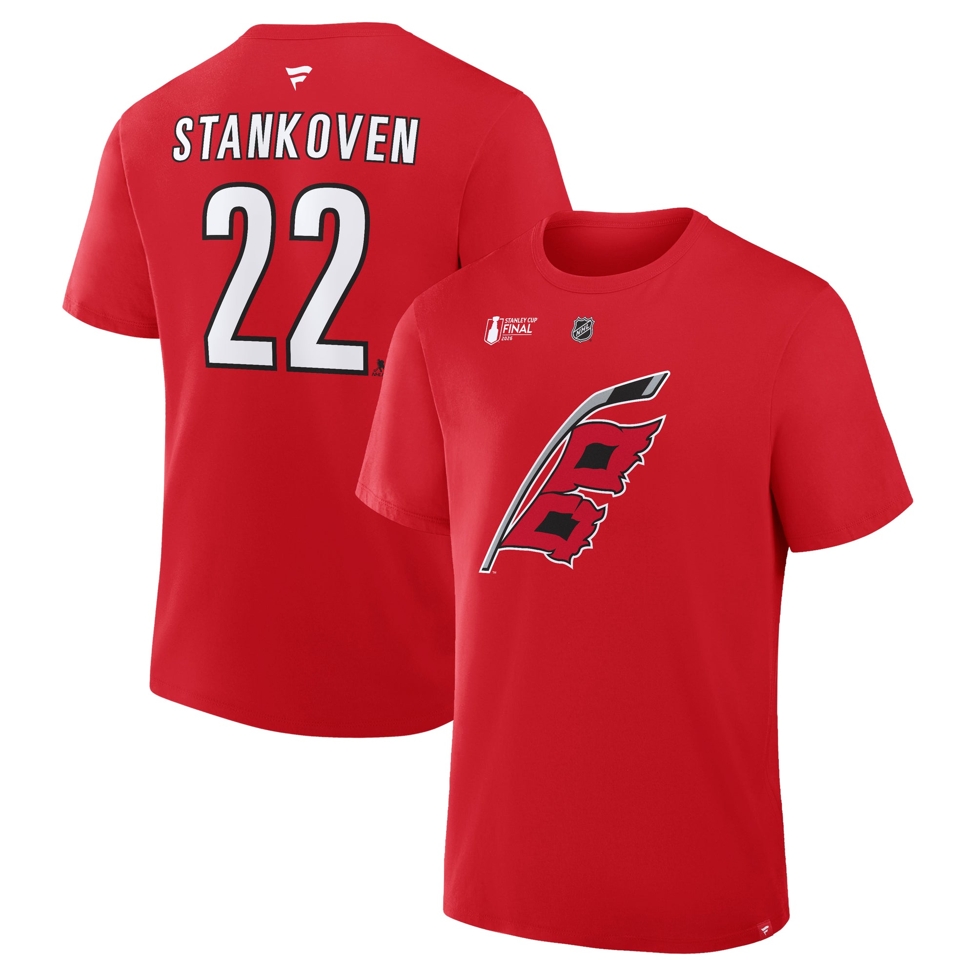 Front/Back: Red tee, Flags logo on front, "STANKOVEN 22" on back in white/black