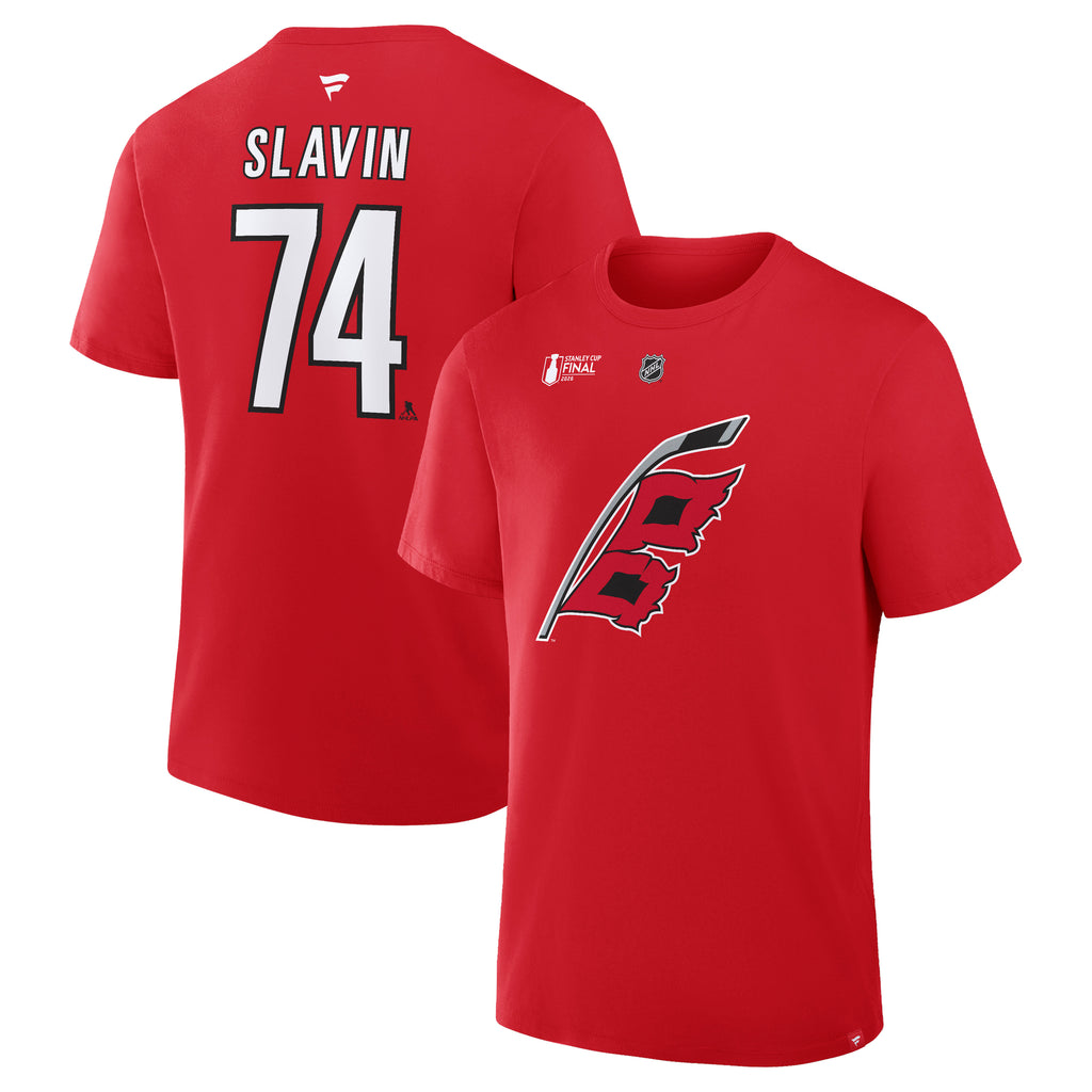 Front/Back: Red tee, Flags logo on front, "SLAVIN 74" on back in white/black