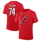 Front/Back: Red tee, Flags logo on front, "SLAVIN 74" on back in white/black