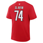 Back: white Fanatics logo at neck, "SLAVIN 74" below in white with black outline