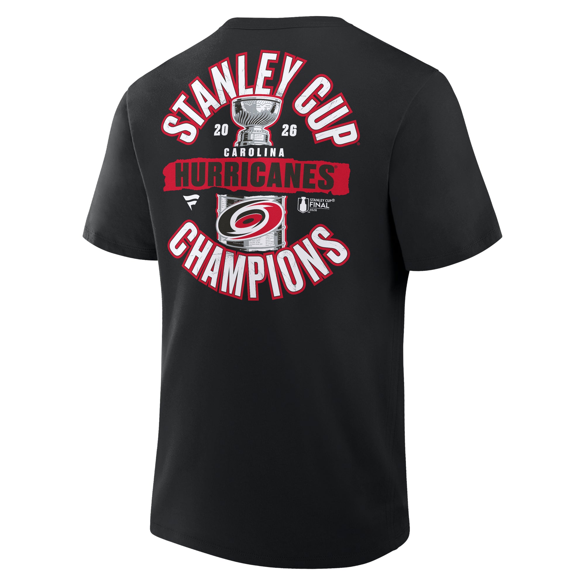 Back: Art of Stanley Cup/Primary logo with "STANLEY CUP CHAMPIONS" arched around, "CAROLINA HURRICANES" overtop cup