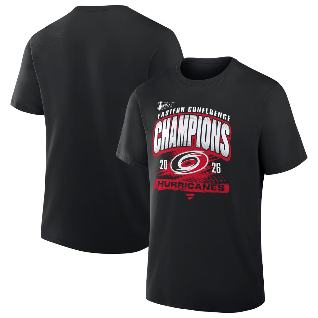 Front/Back: Black tee, Red/white "2026 Eastern Conference Champions" graphics with Primary logo, "HURRICANES" below wording
