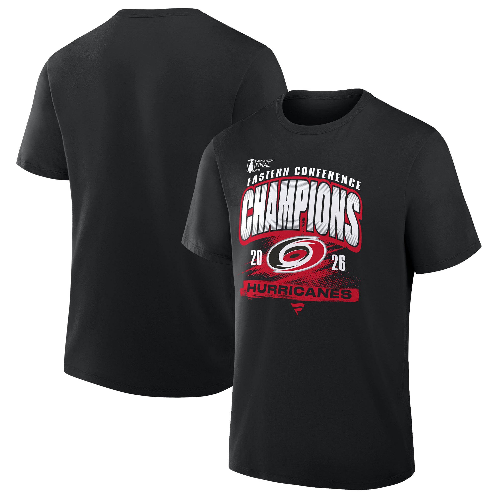 Front/Back: Black tee, Red/white "2026 Eastern Conference Champions" graphics with Primary logo, "HURRICANES" below wording