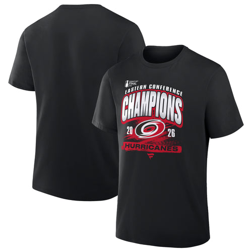 Front/Back: Black tee, Red/white "2026 Eastern Conference Champions" graphics with Primary logo, "HURRICANES" below wording