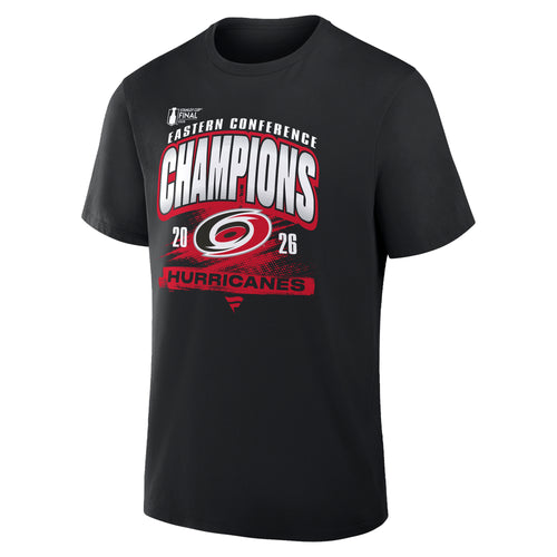 Front: Black tee, Red/white "2026 Eastern Conference Champions" graphics with Primary logo, "HURRICANES" below wording