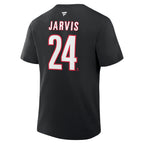 Back: Black tee, "JARVIS 24" in white and red on back, white Fanatics logo at neckline