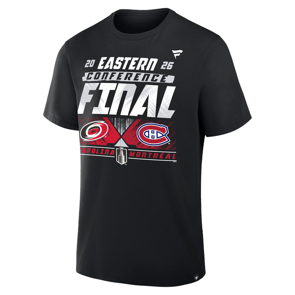 Front: Matchup tee of Hurricanes/Canadians, "EASTERN CONFERENCE FINAL 2026" in white/silver