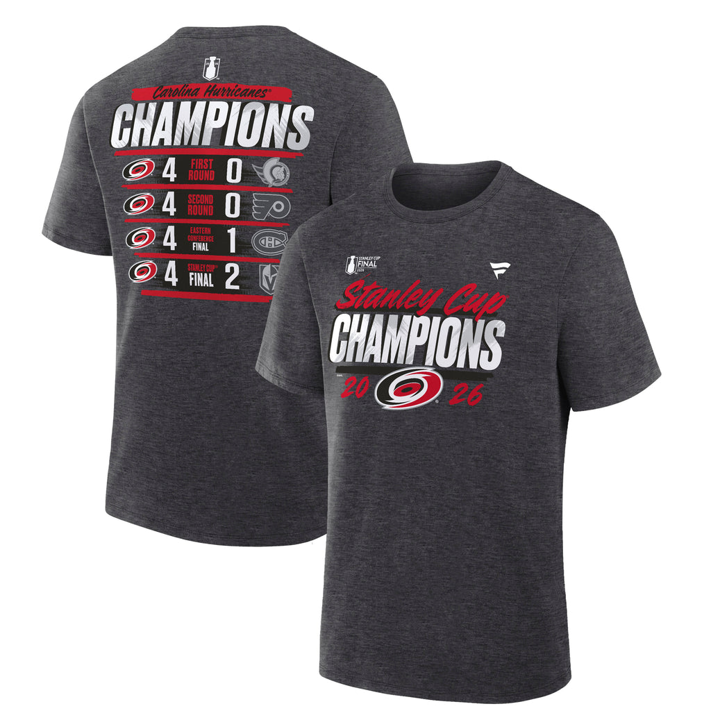 Front/Back: Gray tee, Stanley Cup Champions artwork on front, each playoff series score on back