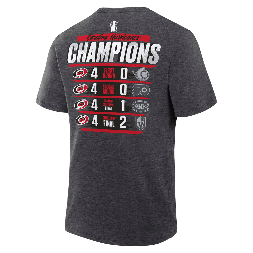 Back: "Carolina Hurricanes CHAMPIONS" in white/black with each playoff series score below