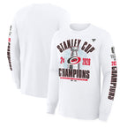 Front:Back: White longsleeve tee with Stanley Cup artwork on front, wording down left sleeve only
