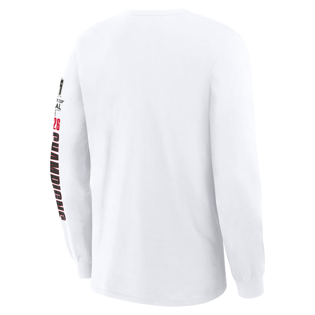 Back: White longsleeve tee, no design on back, "2026 CHAMPIONS" down left sleeve with SCF logo