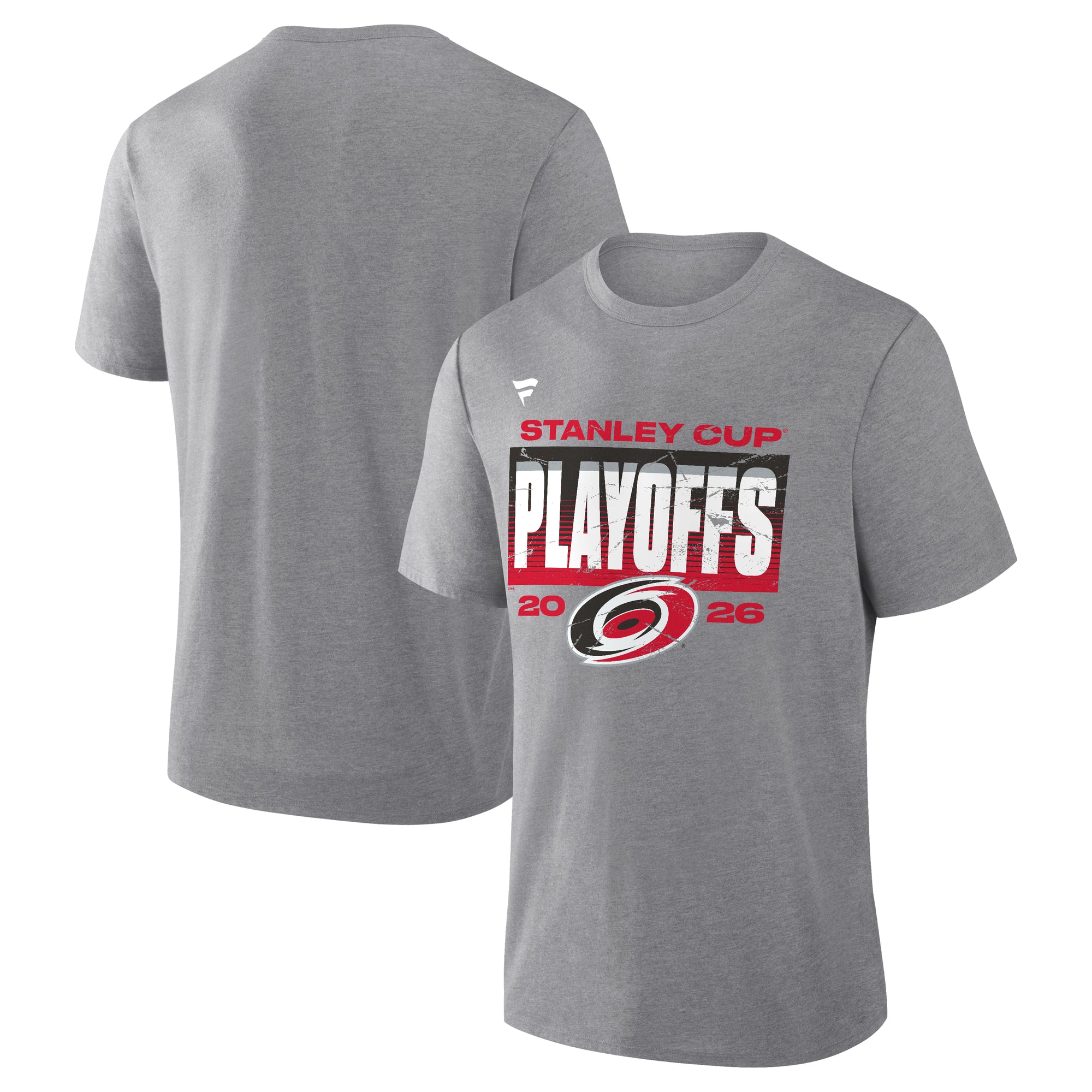 Front/Back: Gray tee, "STANLEY CUP 2026" in red, "PLAYOFFS" in red/black/white with Primary logo