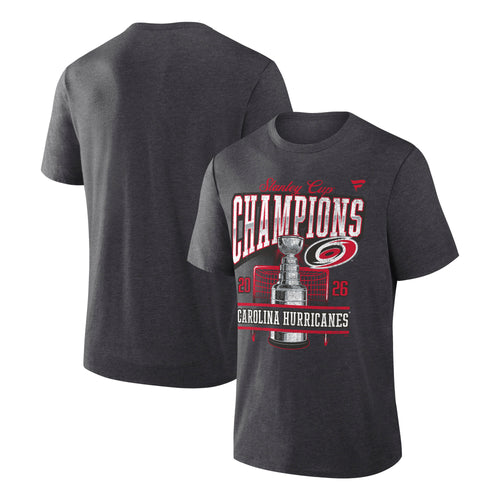 Front/Back: Dark grey tee, 2026 Stanley Cup Champions artwork on front in vintage-style