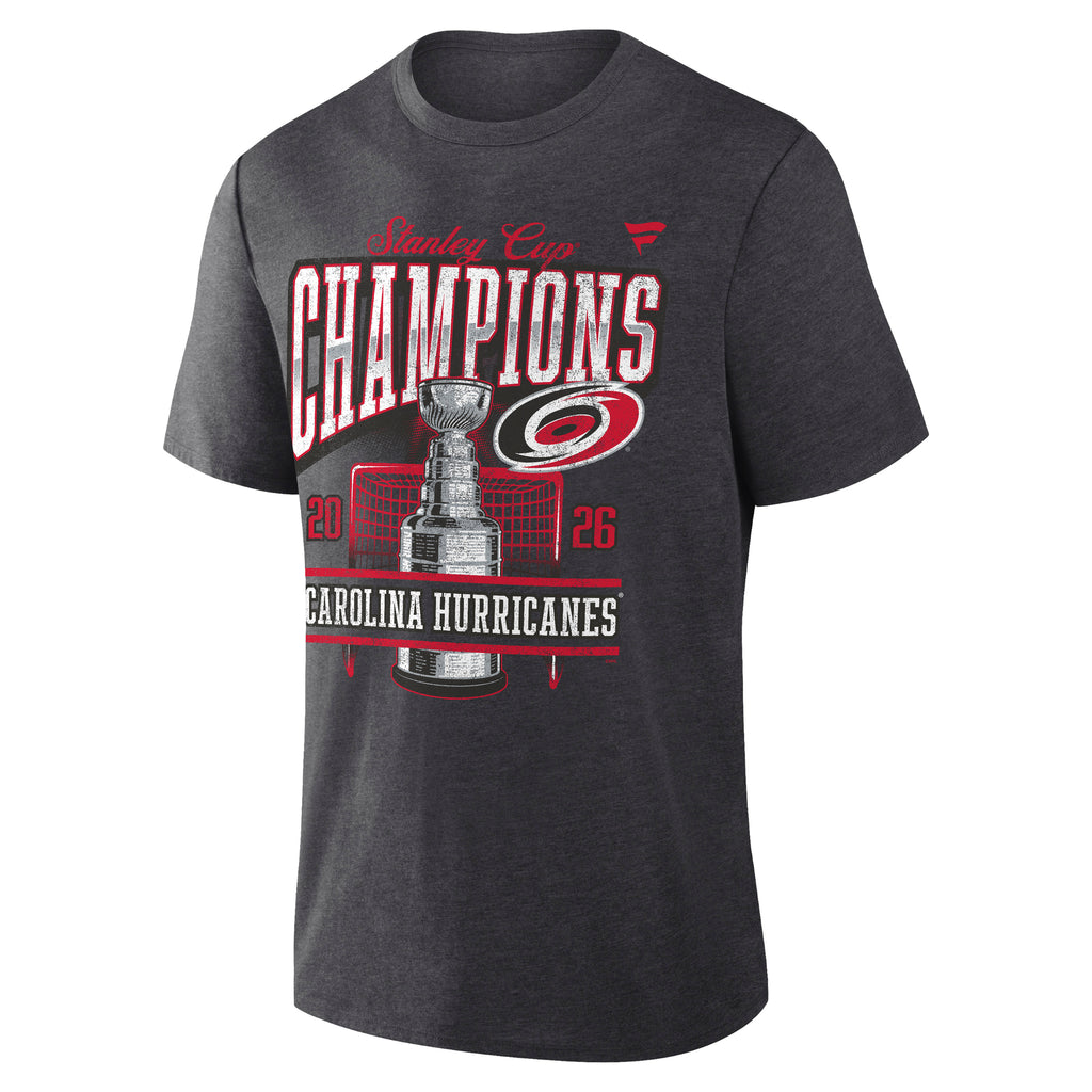 Front: "STANLEY CUP CHAMPIONS" on front in red/white with Primary logo, Stanley Cup, hockey net