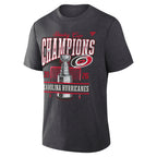 Front: "STANLEY CUP CHAMPIONS" on front in red/white with Primary logo, Stanley Cup, hockey net