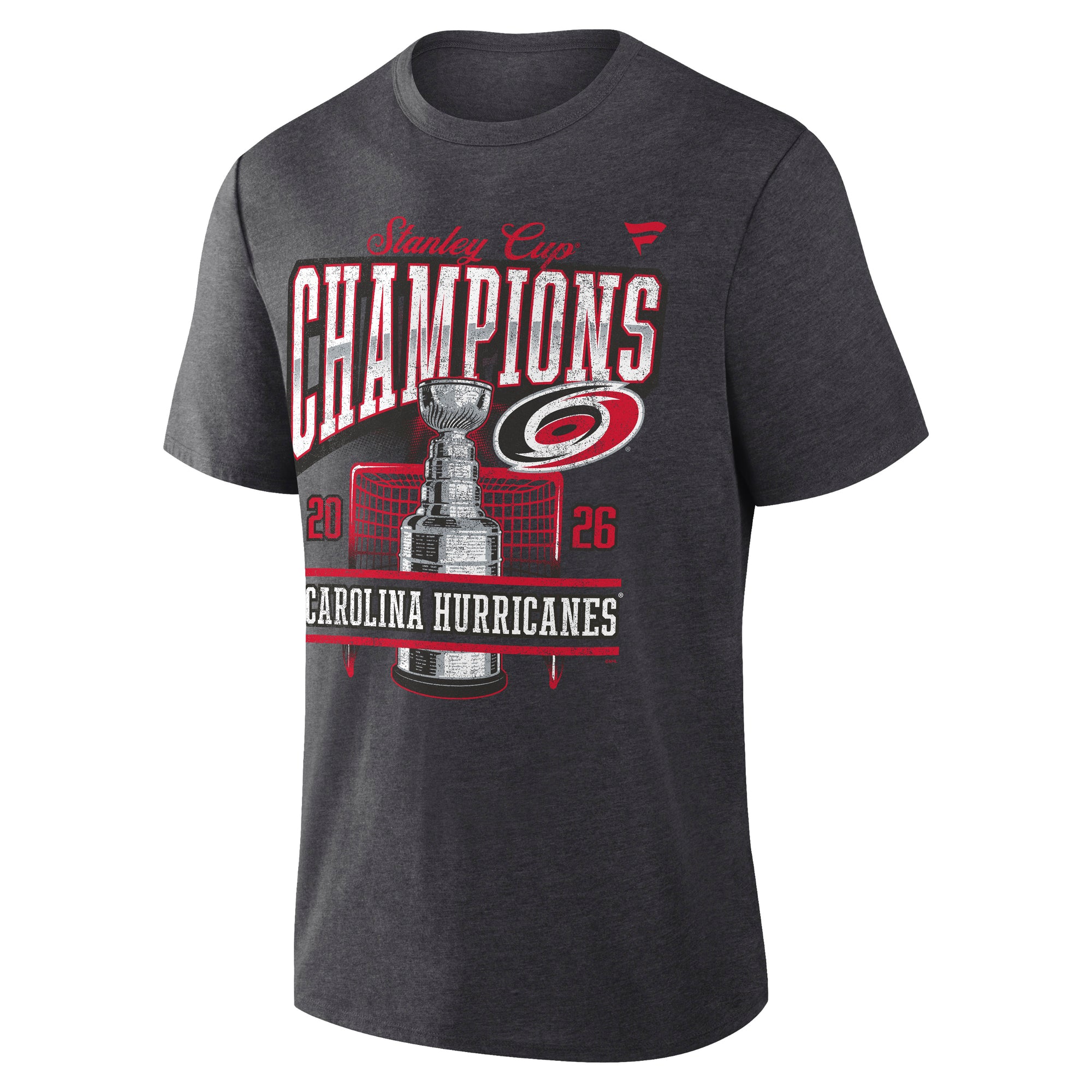 Front: "STANLEY CUP CHAMPIONS" on front in red/white with Primary logo, Stanley Cup, hockey net
