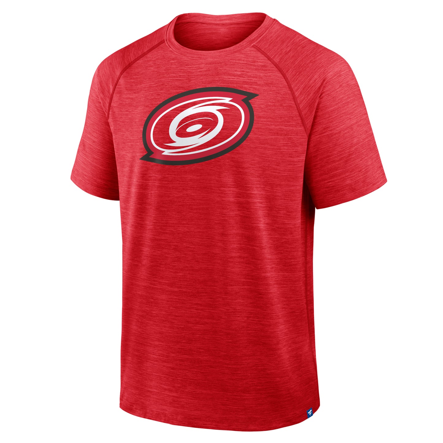 Front: Red polyester tee, Primary logo in white with black outline across chest