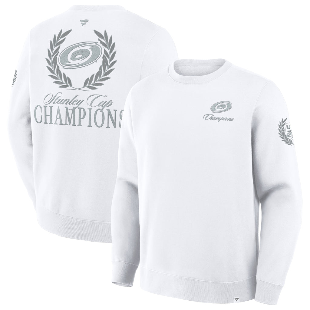 Front/Back: White fleece crew with Stanley Cup Champions art on front and back