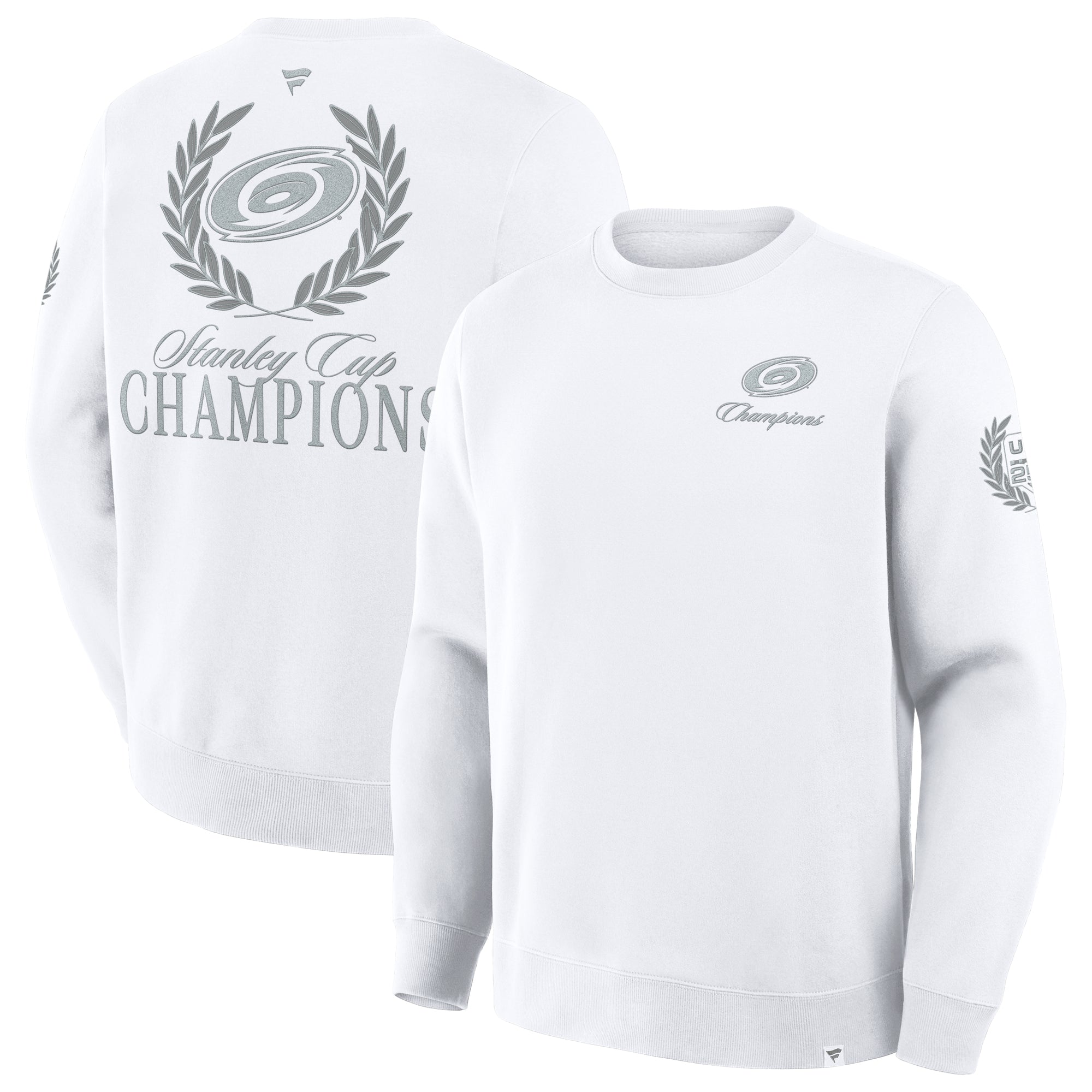 Front/Back: White fleece crew with Stanley Cup Champions art on front and back