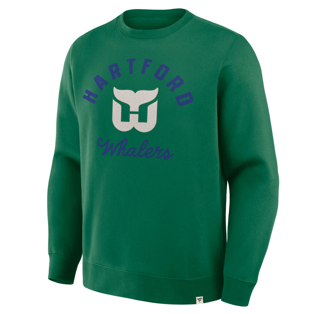 Front: Green crewneck, "HARTFORD Whalers" in blue, White Whalers logo between verbiage