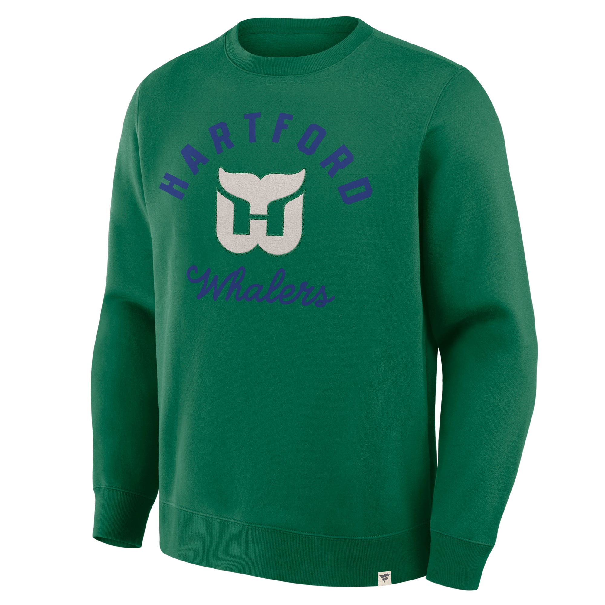 Front: Green crewneck, "HARTFORD Whalers" in blue, White Whalers logo between verbiage