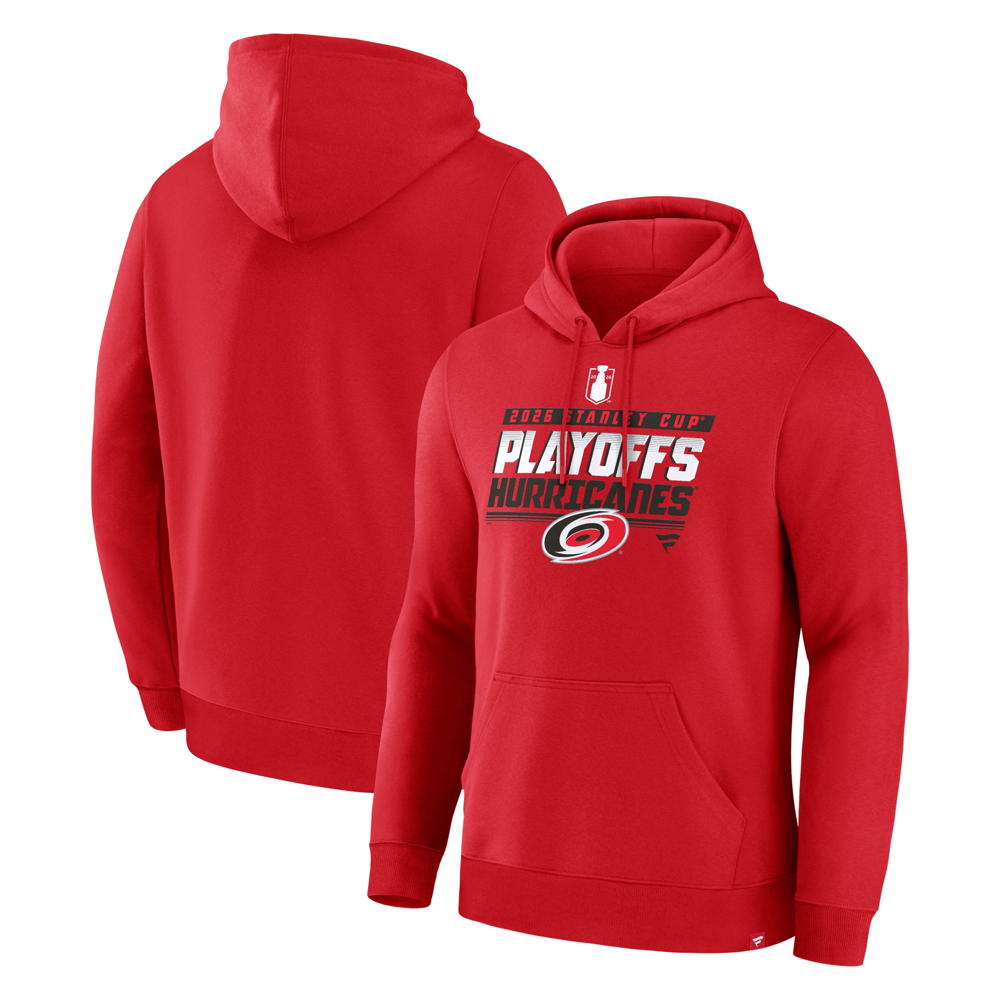Front/Back: Red hoodie, "2026 Stanley Cup Playoffs Hurricanes" in red/black with Primary logo