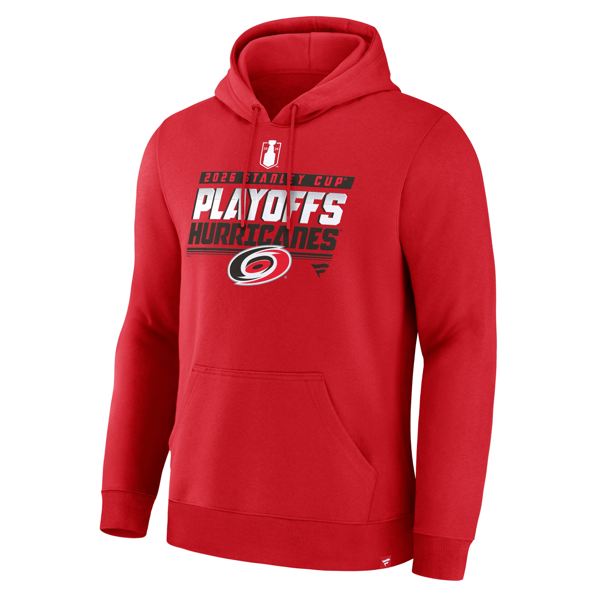 Front: Red hoodie, "2026 Stanley Cup Playoffs Hurricanes" in red/black with Primary logo
