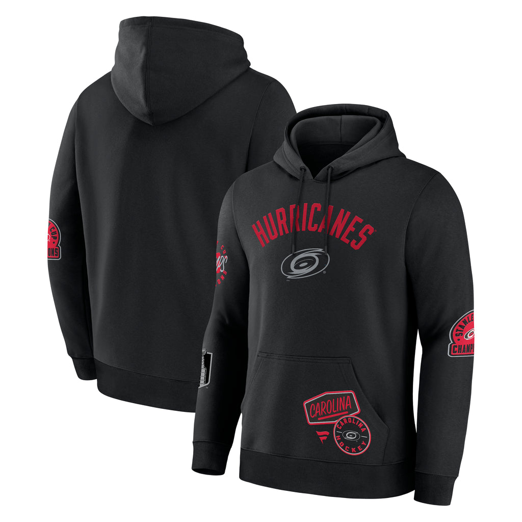 Front/Back: Black hoodie with scattered textured artwork on front and sleeves