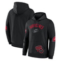 Front/Back: Black hoodie with scattered textured artwork on front and sleeves