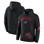 Front/Back: Black hoodie with scattered textured artwork on front and sleeves