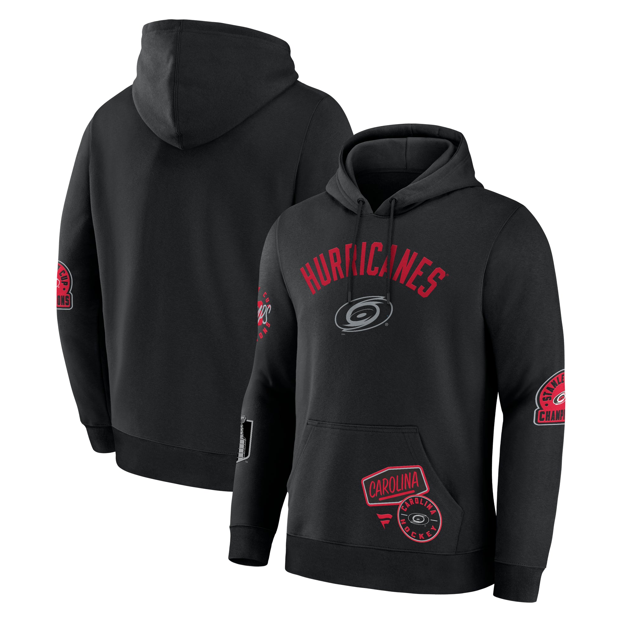 Front/Back: Black hoodie with scattered textured artwork on front and sleeves