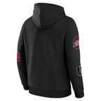 Back: Black hoodie, various elevated art on both left and right sleeves