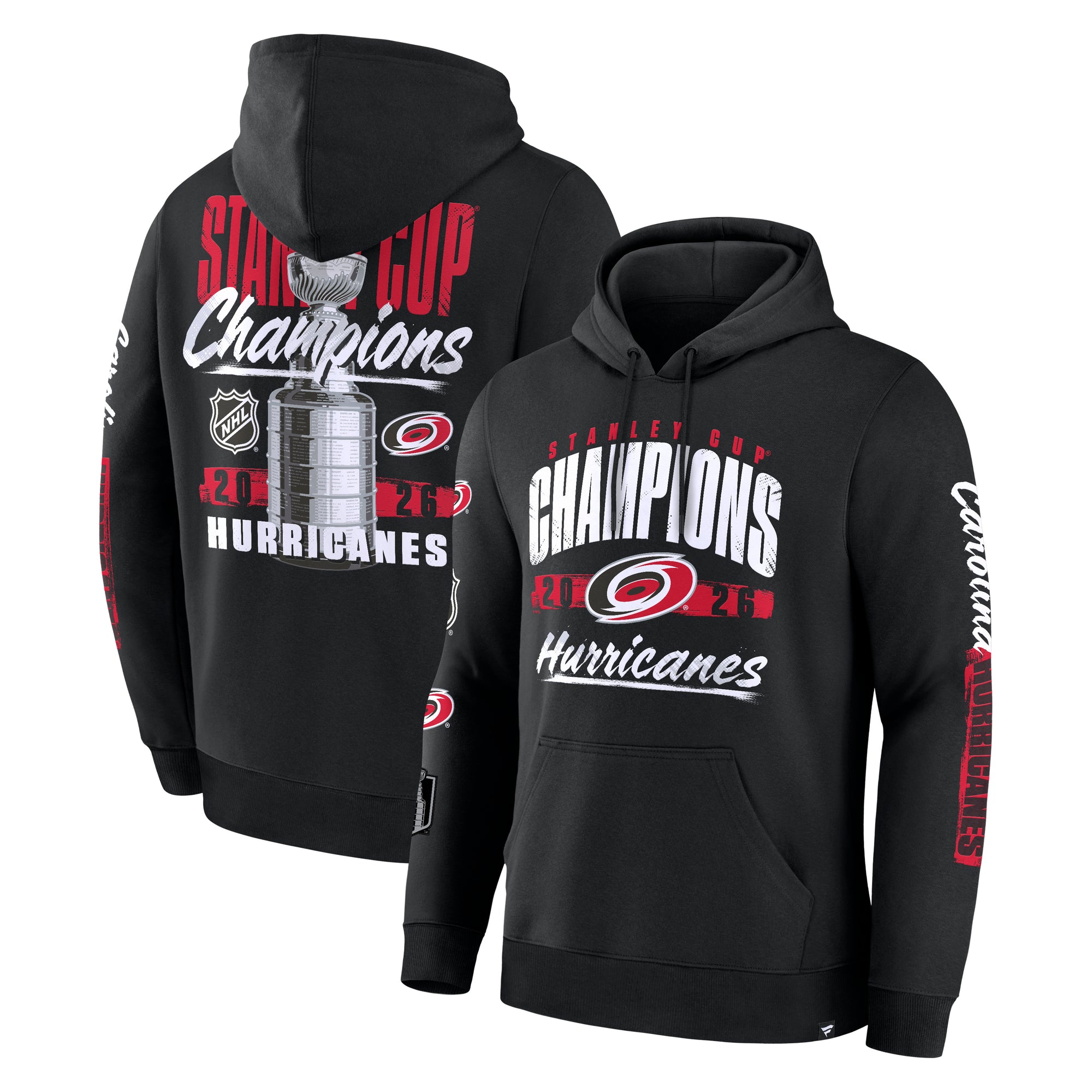 Front/Back: Black hoodie with Stanley Cup Champions artwork on front/back & both sleeves