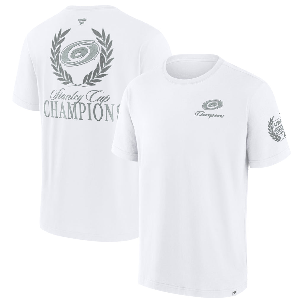 Front/Back: White tee with Stanley Cup Champions art on front and back