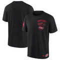 Front/Back: Black tee, elevated artwork on front & right sleeve