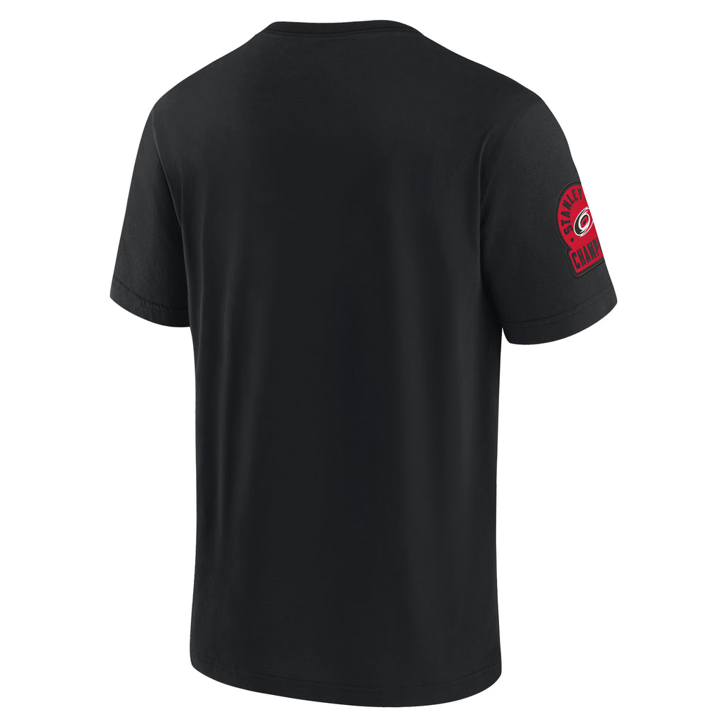 Back: Black tee, no design on back, red Stanley Cup Champions art on right sleeve